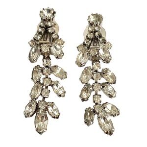 Vintage 50s Rhinestone Earrings Clip On Formal Cocktail Drop Dangle Bling